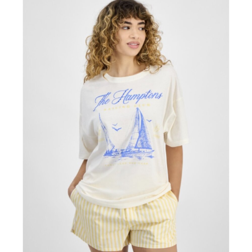 Love Tribe Juniors' Hamptons Graphic Print T-Shirt, Egret, NWT - Picture 2 of 4